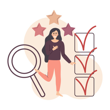 Flat illustration with quality rating. The concept of evaluating work and receiving feedback. Girl is smiling, with three stars above her. Background is a magnifying glass filled list with checkboxes.のイラスト素材
