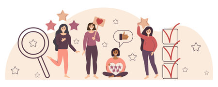 Flat illustration with quality rating. Establish the concept of evaluating the work and receiving feedback. Different girls with stars and hearts. Vector illustration in a flat linear style.のイラスト素材