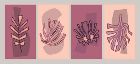 Abstract banner with a cover for web design. Modern abstract art. Digital marketing. A variety of tropical leaves. Vector illustration. Poster, layout, template in purple and pink colors.のイラスト素材