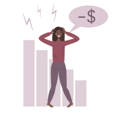 A black African girl has lost money and is in a state of stress. A sad, bankrupt woman. Loss of finances and work. Vector illustration in a flat linear style.のイラスト素材