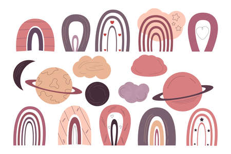 Boho rainbow and clouds planets. Modern set for decorative design. Minimalist flat design with lines. Fashionable vector illustration. Rainbow boho set children in pleasant shades.のイラスト素材