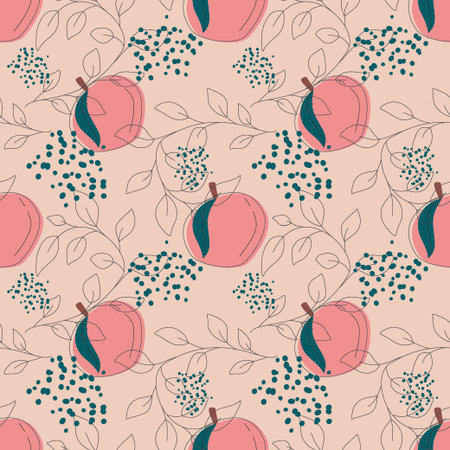 Pink peach fruit seamless pattern. Vector illustration of an infinite pattern with linear leaves and...