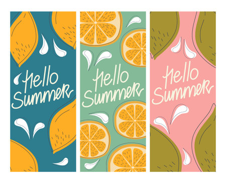 Vector set of summer greeting cards, banners, cover template hello summer fruit. Orange, lemon, lime...