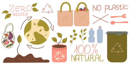 Zero waste, a set objects isolated on white background. Recycling of garbage, natural products, no plastic. Vector flat design. Vector illustration. Health care and planet conservation, zero waste.のイラスト素材