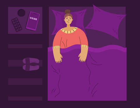 Concept insomnia. At night, in bed, tired person can not sleep, next to the phone, tablets with water. Vector illustration flat linear style. Insomnia and health, hyper-exaggeration personのイラスト素材
