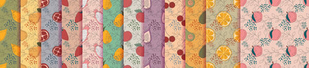 Set of seamless patterns with variety fruits. Fresh delicious fruits, peaches, apples, figs, lemon....