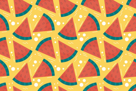 Summer seamless pattern with piece of watermelon on yellow background. Vector illustration in a flat...