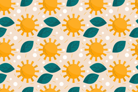 Summer seamless pattern with sun and leaves on light background. Vector illustration in a flat...