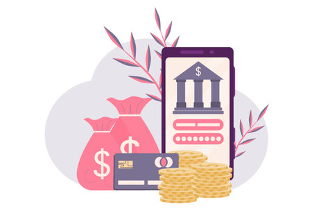 Concept online banking, use money, perform operations using smartphone. On the phone screen, you can log in your personal account, next to it coins, money, credit card. Vector illustration flat style.のイラスト素材
