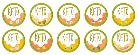 Set badge Keto diet. Vector emblems inscription keto vegetables, food enriched with ketones. A friendly diet for a healthy lifestyle and proper nutrition. Vector flat illustration.のイラスト素材