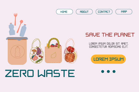 Template, layout landing page with an illustration trash can with plastic, bags for products of the concept of sustainable development or environmental protection. Vector illustration in flat style.のイラスト素材
