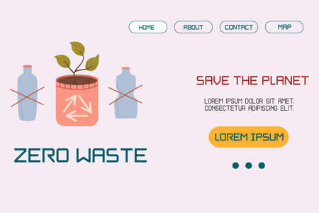 A template, a landing page layout with an illustration of no plastic, a home pot with a sprout concept of sustainable development or environmental protection. Vector illustration in a flat style.のイラスト素材