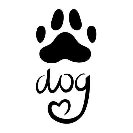 A dogs paw with black heart is isolated on white background. Vector illustration in doodle style. Paw of an animal, a puppy with the inscription dogのイラスト素材