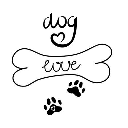 A dogs paw with black heart is isolated on white background. Vector illustration in doodle style. Paw of an animal, a puppy with the inscription dog.のイラスト素材