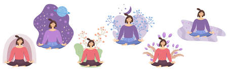 Set of concepts with meditating girls in the lotus position. A woman relaxes, gets good health and moods, girls flowers, space, with rainbow. Vector illustration in flat style.のイラスト素材