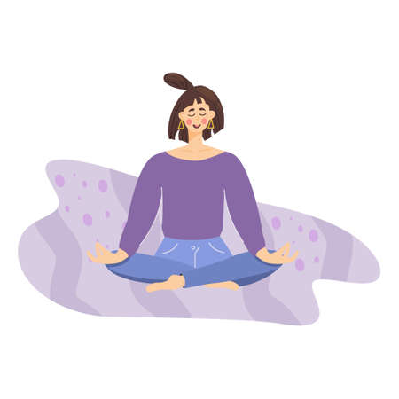 Concept of meditating girl. The woman relaxes and calms down in the lotus position. Good health and wellness during meditation. Vector illustration in a flat style.のイラスト素材
