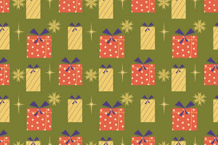 Seamless retro pattern with gifts and snowflakes. Vector illustration in a simple Mid-Century Modern style design vintage colors. Christmas pattern for giftsのイラスト素材