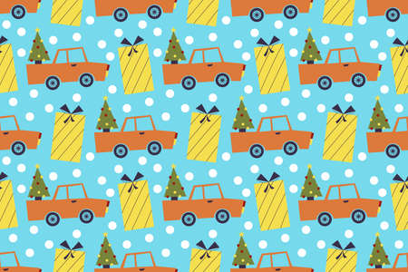 Seamless pattern for merry Christmas with car, Christmas tree in the trunk and gift box. Vector illustration in a flat style. Festive winter pattern with snowflakesのイラスト素材