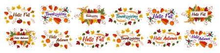 A set of vector autumn wreaths and postcards with the inscription hello autumn, fall, happy Thanksgiving day. Colorful seasonal leaves with text. Vector illustrationのイラスト素材