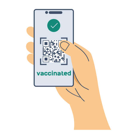 Qr code about vaccination against virus. The electronic code is in phone. Phone number and barcode about the conducted immunization. Vector illustration.のイラスト素材
