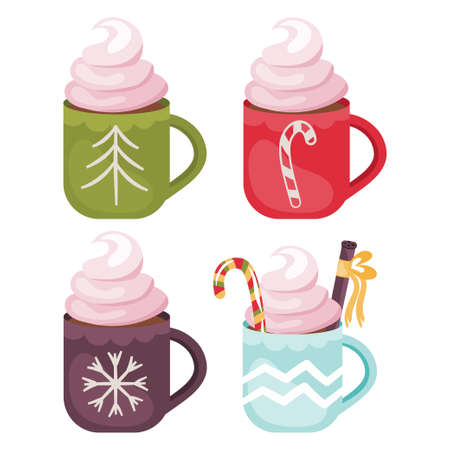Set of cocoa cups for christmas.Hot drink with cream.のイラスト素材