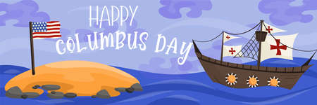 Banner happy columbus day historical event.Background with a sailboat and an island with the flag of america. Ship red crosses. Vector illustrationのイラスト素材