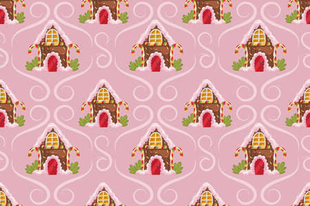Christmas seamless pattern with gingerbread house and curls on a powdery background. Christmas gingerbread treat with sweets, lollipops and cream. Vector illustrationのイラスト素材