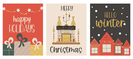 Set of Christmas cards with gifts, fireplace and winter houses lettering hello winter, merry christmas, happy holidays.Scandinavian flat style. Vector illustration.のイラスト素材
