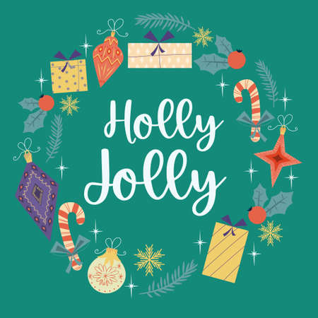 Christmas round vintage design with Holly Jolly text.Retro colors for decorations, balls, gifts. Round cover composition with snowflakes in flat style. Vector illustration.のイラスト素材