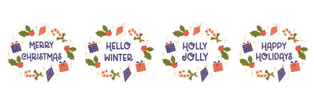 Christmas frames with congratulations text isolated on white background.Round design with different text, holly and toys. Vector illustration in a flat style. Christmas decor.のイラスト素材