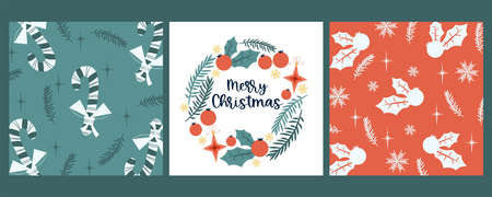 Set of Christmas vintage covers for congratulations.Template with lollipop, holly, frame with congratulations text. Vector illustration in retro flat style.のイラスト素材