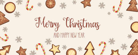 Christmas banner with cookies centered on the text Merry Christmas.Gingerbread cookies with snowflakes and candies. Vector illustration in flat style. Greeting cardのイラスト素材