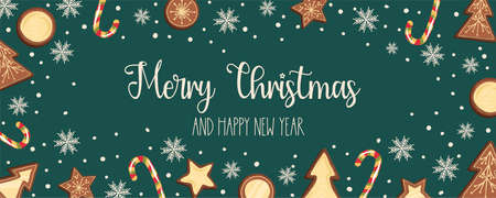 Christmas banner with cookies centered on the text Merry Christmas.Gingerbread cookies with snowflakes and candies. Vector illustration in flat style. Greeting cardのイラスト素材