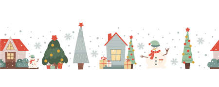 Winter seamless border with houses, Christmas trees and a snowman. Christmas seamless pattern. Vector illustration in flat styleのイラスト素材