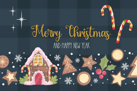 Christmas banner design with text merry christmas, gingerbread house. Gingerbread cookie, cocoa with marshmallow and lollipop for holiday decorations. Vector illustration.のイラスト素材