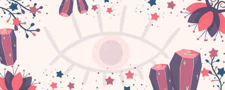 Esoteric banner with the eye of omniscience and crystals on a light background.Stars, flowers and stones. Vector illustration of mystical banner.のイラスト素材