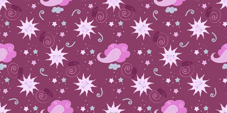 Mystical background with sun and clouds.Magic astrology and the starry sky. Vector illustration for baby textiles. Seamless pattern for kids.のイラスト素材