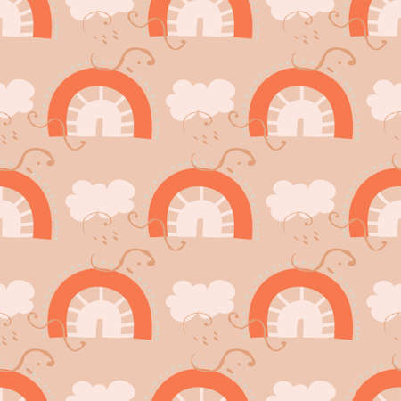 Seamless pattern with rainbows, clouds and stars. Cute endless pattern for kids textiles in handdrawn organic style. Vector illustration in flat styleのイラスト素材