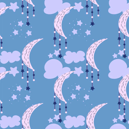 Mystical background with sun and clouds.Magic astrology and the starry sky. Vector illustration for baby textiles. Seamless pattern for kidsのイラスト素材