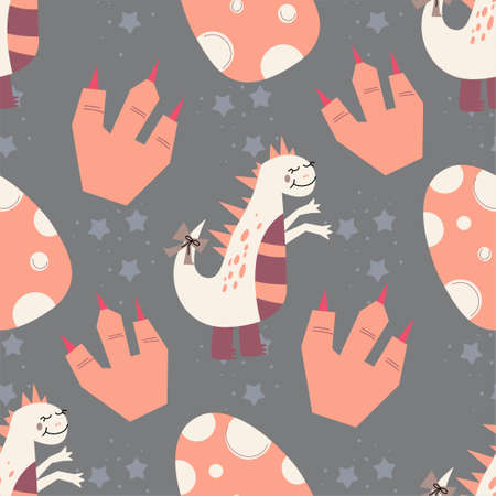 Childish seamless pattern in pink with dinosaur, eggs and paw prints.Vector illustration in flat style for baby textiles with cute dinosaurのイラスト素材