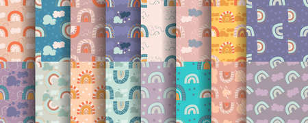 Set of seamless patterns with rainbows in organic handdrawn style.Rainbows, clouds and stars in a set for childrens textiles. Vector illustration in flat styleのイラスト素材