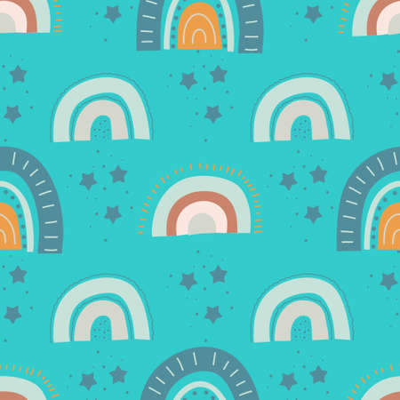 Seamless pattern with rainbows and stars. Cute endless pattern for kids textiles in handdrawn organic style. Vector illustration in flat style.のイラスト素材