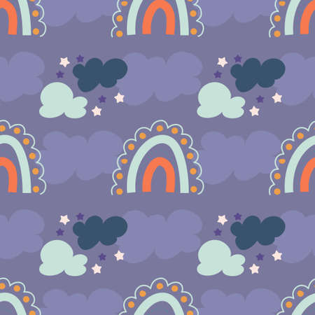 Seamless pattern with rainbows, clouds and stars. Cute endless pattern for kids textiles in handdrawn organic style. Vector illustration in flat styleのイラスト素材