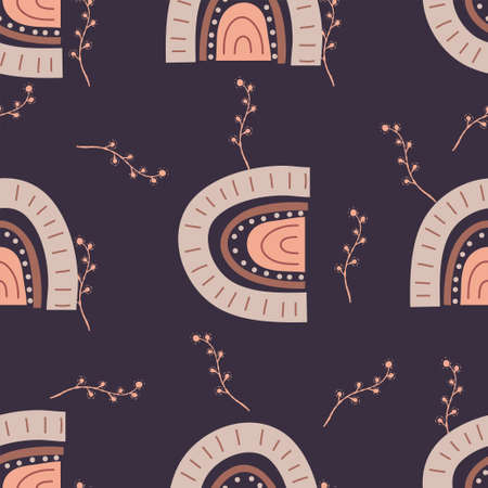 Boho rainbow seamless pattern, bohemian repeating pattern in earthy colors.For baby textiles in a flat Nordic style. Vector illustration with simple shapes and striped rainbowsのイラスト素材