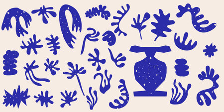 Matisse abstract shape bundle. Cutout shape of algae and botanical leaves, sun, stars, rainbows. Organic abstraction in flat style blue color. Henri Matisse style.のイラスト素材