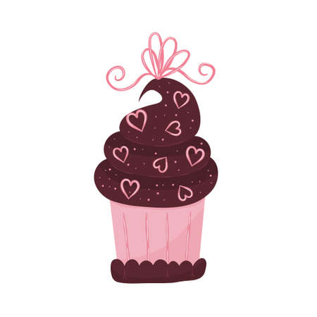 Valentine cake. Muffins with chocolate and cherries. A bakery with a heart and a bow for the holiday of valentines day. Vector illustration in hand drawn flat style.のイラスト素材