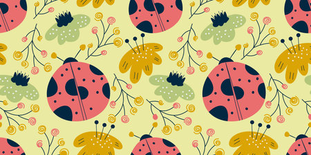 Seamless pattern ladybird and flower in scandinavian style. Nordic spring for kids textile. Summer floral scandinavian nursery print design. Ladybug with branchのイラスト素材