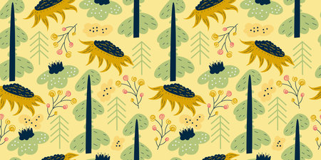 Scandinavian spring seamless pattern with sunflower, flowers and trees.Forest minimalistic pattern....