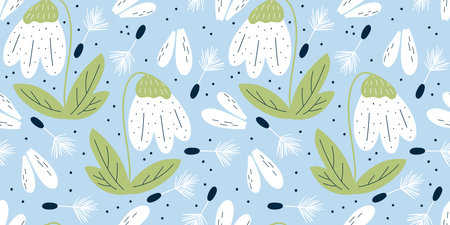 Scandinavian spring seamless pattern with snowdrop, flowers with petals and dandelion. Spring minimalistic pattern. Flat vector illustration.のイラスト素材