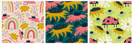 Scandinavian set of spring patterns with flowers, ladybugs and rainbows. Seamless pattern with insects and daisies Vector illustration design. Summer floral scandinavian nursery print design.のイラスト素材